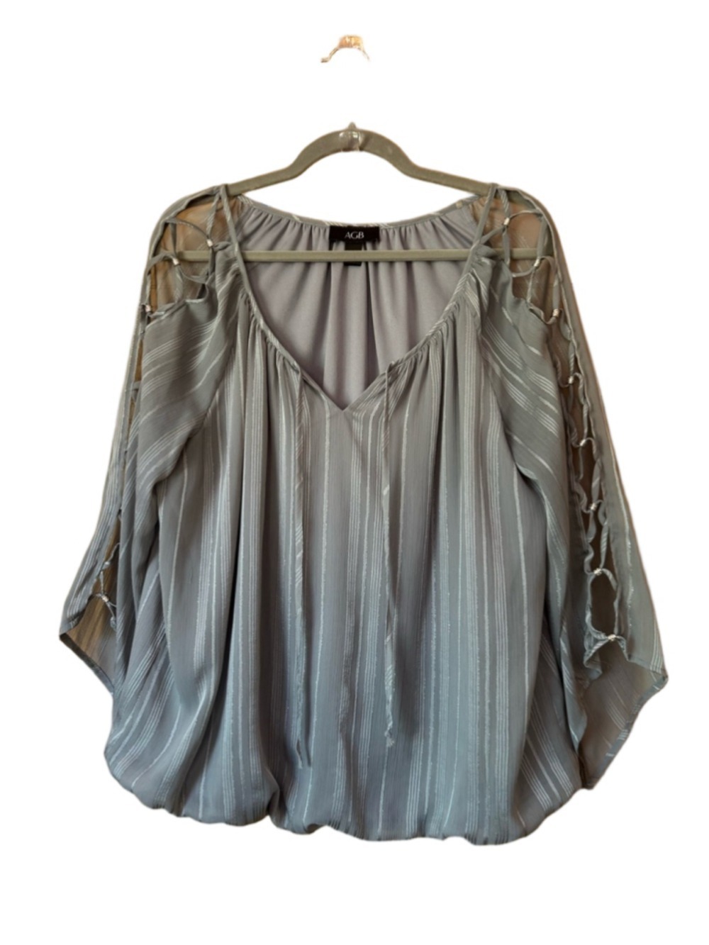 AGB Gray Shimmer Stripe V-Neck Blouse with Beaded Ladder-Sleeve Detail size XL